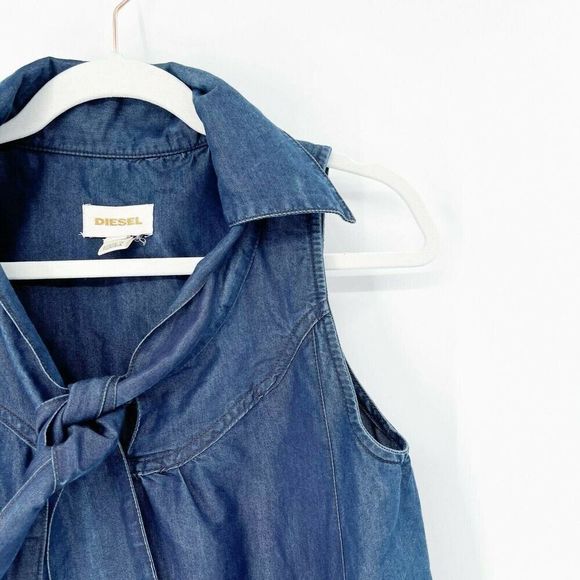 Diesel Silk Blend Chambray Tunic Dress Sz XS Blue Tie Neck Pockets Sleeveless - Picture 6 of 9